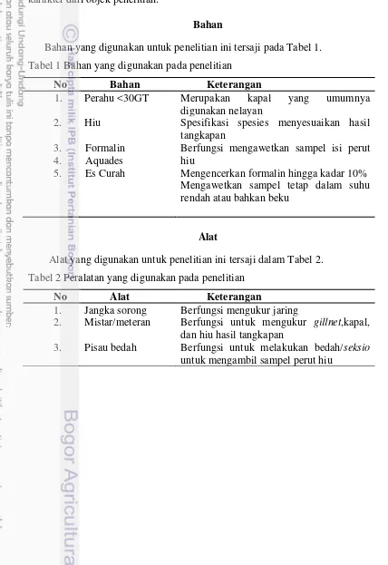 Tabel 1 Bahan yang digunakan pada penelitian 