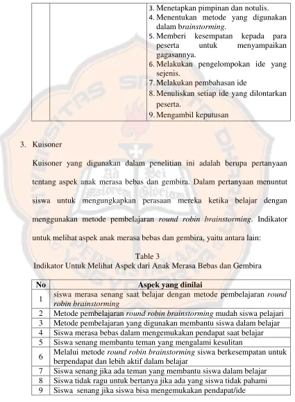 Table 3 Indikator Untuk Melihat Aspek dari Anak Merasa Bebas dan Gembira 