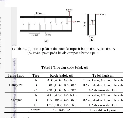 Gambar 2 (a) Posisi paku pada balok komposit beton tipe A dan tipe B 