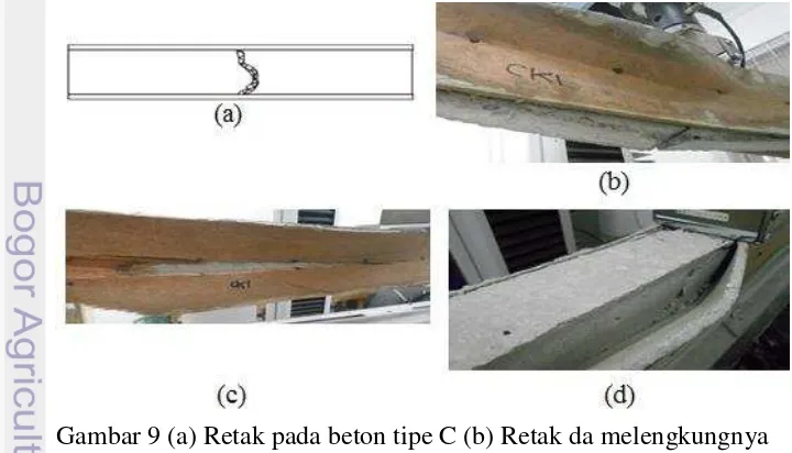 Gambar 8 (a) Pola retak lentur tipe BB (b) pola retak lentur tipe BK (c) belah pada     kayu tipe B (d) Pembengkokan paku akibat penambahan beban (e) retak diatas tumpuan yang terjadi akibat penambahan beban 