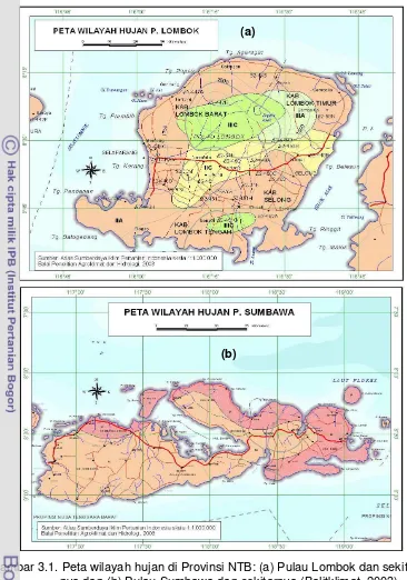 Gambar 3.1. Peta wilayah hujan di Provinsi NTB: (a) Pulau Lombok dan sekitar-
