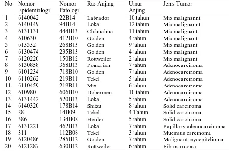 Tabel 1 Data Umur dan Ras anjing Penderita Tumor Mamae dan Klasifikasi Tumor Mamae pada Anjing Penderita Tumor Mamae di Kota Denpasar (2008-2014)  