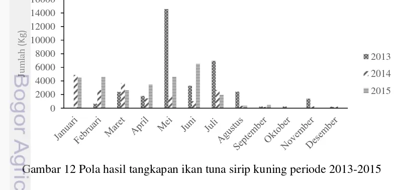 Gambar 12 Pola hasil tangkapan ikan tuna sirip kuning periode 2013-2015 