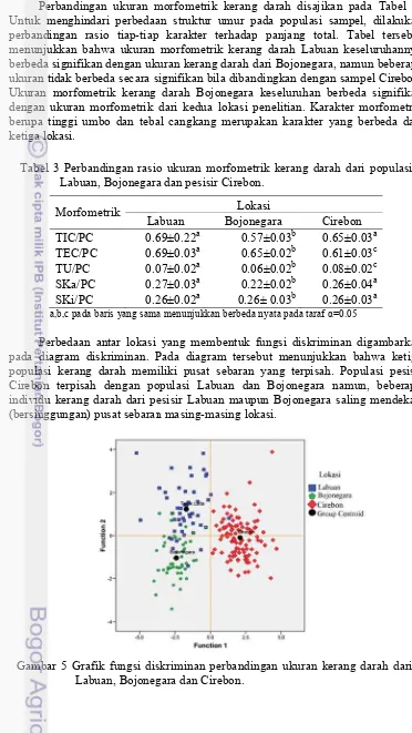 Tabel 3 Perbandingan rasio Labuan, Bojonegara dan pesisir Cirebon.rasio ukuran morfometrik kerang darah dari populasi , Bojonegara dan pesisir Cirebon