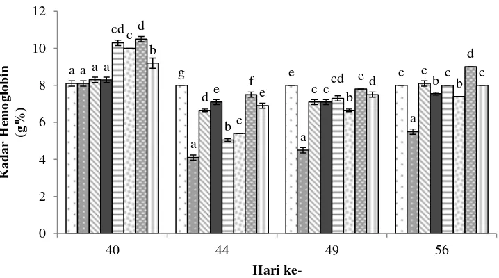 Gambar 2 Kadar hematokrit ikan lele yang diberi probiotik dengan dosis dan frekuensi yang  berbeda pada akhir pemeliharaan (hari ke-40) dan pasca uji tantang (hari ke- 44, 49 dan 56)