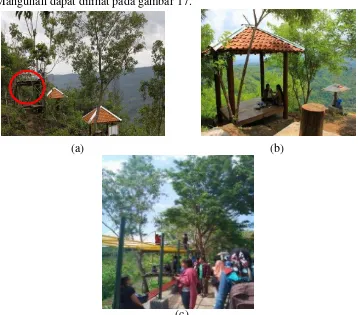 Gambar 13. Kondisi Eksisting Puncak Kebun Buah (a) Rumah Pohon,                   (b) Gazebo, (c) Kursi Panjang diarea Puncak Kebun Buah 