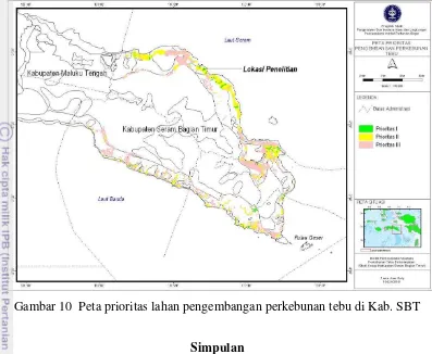 Gambar 10  Peta prioritas lahan pengembangan perkebunan tebu di Kab. SBT 