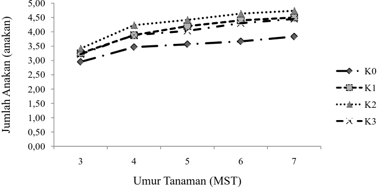 Gambar 5.  Perkembangan jumlah anakan per rumpun tanaman bawang merah pada berbagai dosis pupuk kandang ayam  