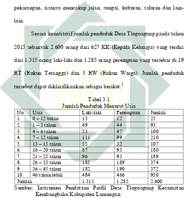 Tabel 3.1  Jumlah Penduduk Menurut Usia 