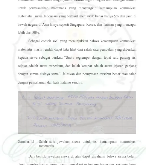 Gambar.1.1. Salah satu jawaban siswa untuk tes kemampuan komunikasi matematis. 