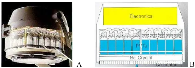 Gambar 1: A. Foto detektor kamera gamma. B. bagian-bagian dari kamera gamma terdiri dari kolimator, PMT dan rangkaian elektronik