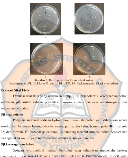 Gambar 1. Hasil uji sterilitas hydrocolloid matrix Keterangan: (a) F1; (b) F2; (c) F3; dan (d) BF1, BF2, BF; lingkaran putih: lokasi letak sediaan 