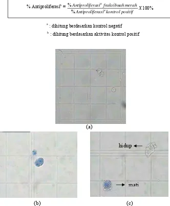 Gambar 8.   Profil sel kanker di bawah video photo microscope : (a) sebelum  diberi tryphan blue (perbesaran 25x), (b) dan (c) setelah diberi tryphan blue (perbesaran 40x)