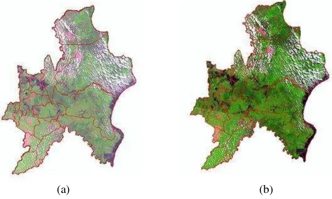Gambar 2 Hasil tanpa pansharpening (a)  dan dengan pansharpening (b) citra landsat 8 (OLI) tahun 2014 di Kabupaten OKI 