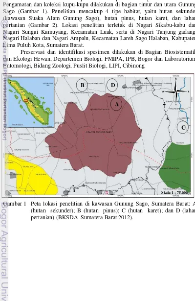 Gambar 1 Peta lokasi penelitian di kawasan Gunung Sago, Sumatera Barat: A 