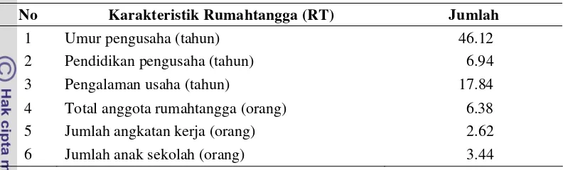 Tabel 6.  Karakteristik Rata-rata Rumahtangga Responden 