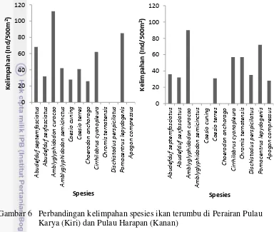 Gambar 6  Perbandingan kelimpahan spesies ikan terumbu di Perairan Pulau 