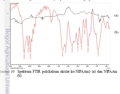 Gambar 10   Spektrum FTIR poli(kalium akrilat-ko-NIPAAm) (a) dan NIPAAm 