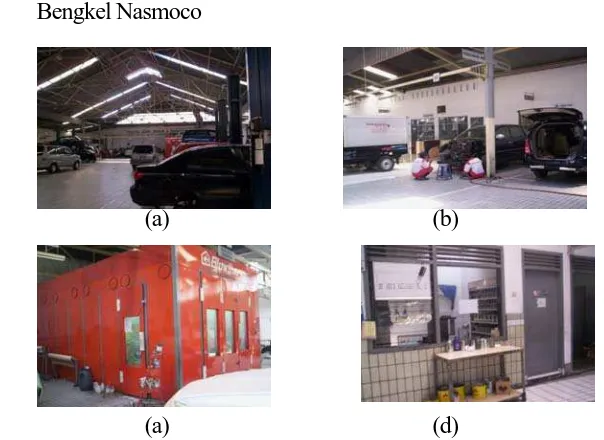 Gambar I.8. Ruang Bengkel Nasmoco (a)Ruang  Antrian, (b) Bengkel Kerja, (c) Oven Mark,  (d) Ruang suku cadang   (Sumber:: Dokumentasi Pribadi, 2007) 