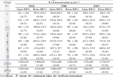 Tabel 4 Rataan dan simpangan baku konsumsi pakan PSKB, PSBK, dan BKPS jantan  betina umur  5-11 minggu 