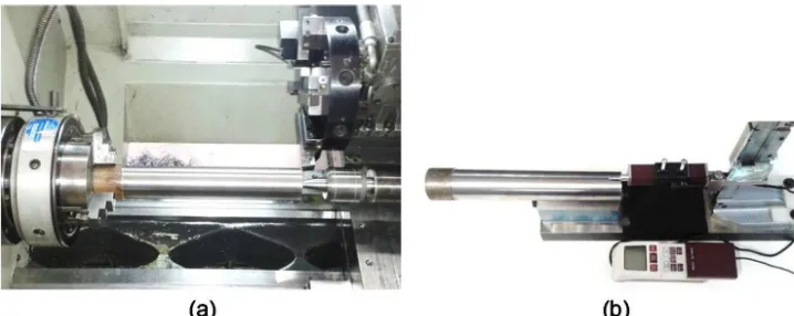 Fig. 2. (a) Mild steel machined on  a NARDINI CNC lathe with conventional roller bearings and (b) Mitutoyo portable roughness checker model Surftest SJ-201P.