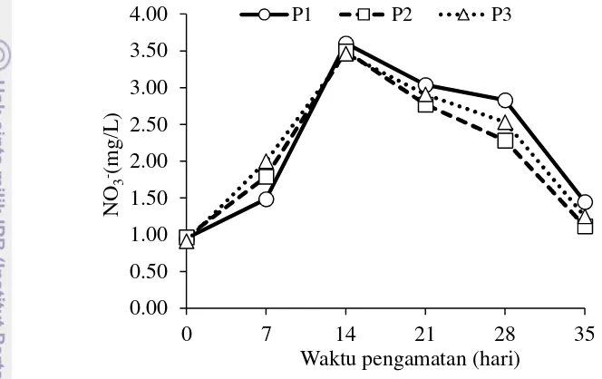 Gambar 9 Fluktuasi nitrat (NO3-)pada perlakuan tanpa tanaman (P1), seladaromain (Lactuca sativa L