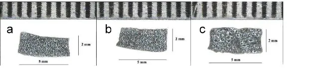 Gambar 2 Bahan Implan Fe berpori: a) Fe berpori 450 µm, b) Fe berpori 580 µm, c) Fe berpori 800 µm 