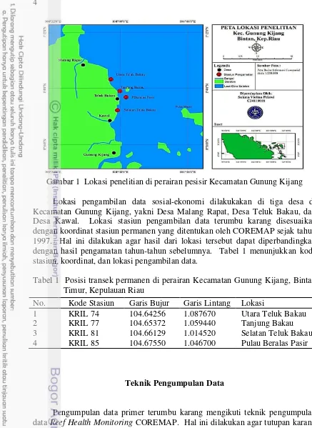 Gambar 1  Lokasi penelitian di perairan pesisir Kecamatan Gunung Kijang 
