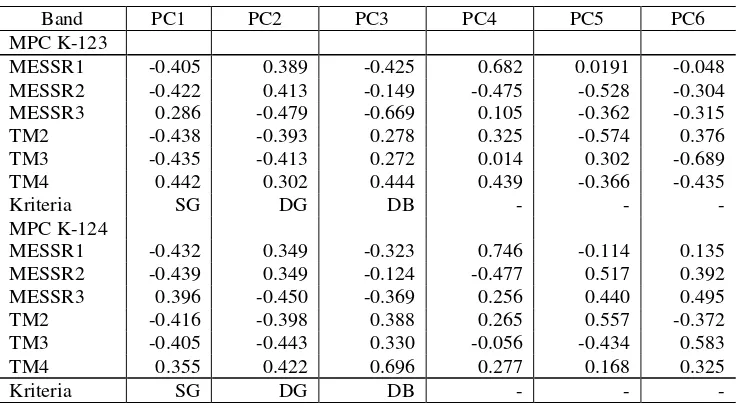 Tabel 5.  Eigenvector dari standardized PC kombinasi TM band 2-3-4 dan MESSR 1-2-3 dan kombinasi TM band 2-3-4 dan MESSR 1-2-4 