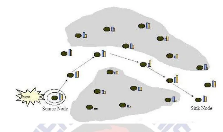 Figure 6. Delivering data from a source across multiple wireless hops to the sink 