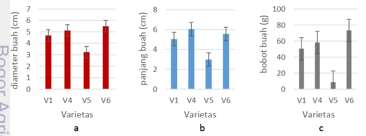 Gambar 3  Komponen produksi beberapa varietas tomat (V1: Permata F1, V4:    Yasmin F1, V5: Tora, V6: Sukon) pada perlakuan pengolahan tanah konvensional dan minimum: a