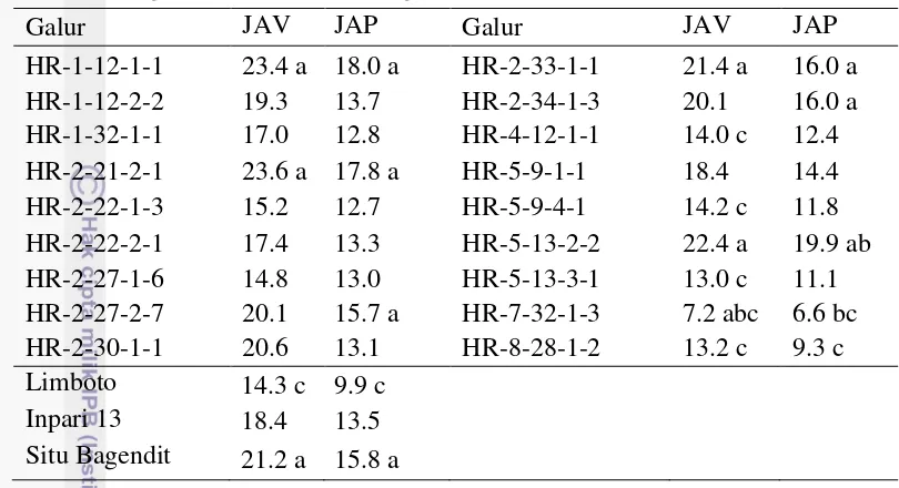 Tabel 3  Rataan jumlah anakan  pada fase vegetatif dan produktif galur dihaploid 