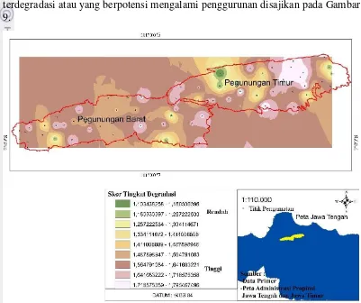 Gambar 9  Peta persebaran tingkat degradasi lahan yang disajikan dengan metode interpolasi di daerah penelitian 