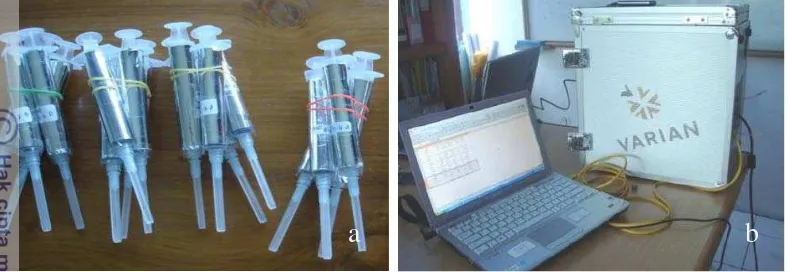 Gambar 4.8.  Sampel gas pada syringe (a) dan Micro GC CP 4900 (b) 