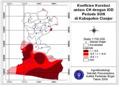Gambar 15. Koefisien korelasi antara CH dengan IOD pada periode SON di Kabupaten Cianjur (interval kontur 0,1)  