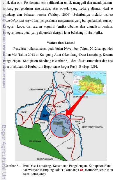 Gambar 3. Peta Desa Lamajang, Kecamatan Pangalengan, Kabupaten Bandung dan wilayah Kampung Adat Cikondang ( ) (Sumber: Arsip Kantor Desa Lamajang) 