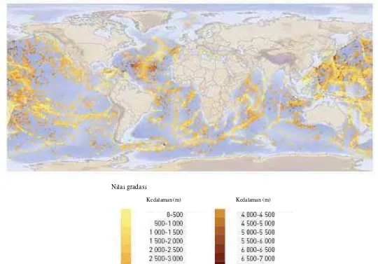 Gambar 8  Perkiraan distribusi gunung dan kedalaman puncaknya di bawah laut di seluruh dunia (Sumber: Kitcingman dan Lai 2004, diacu dalam Clark et al