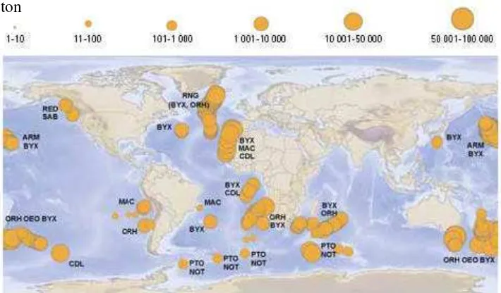 Gambar 9 Distribusi beberapa perikanan tangkap laut-dalam di dunia berada pada lokasi gunung bawah laut