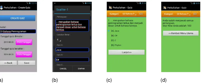 Gambar 7 menunjukkan tampilan menu quizmenyelesaikan tampilan menu  pada dosen saat dosen membuat quiz, dan quiz pada mahasiswa hingga nilai yang didapatkan mahasiswa setelah quiz tersebut