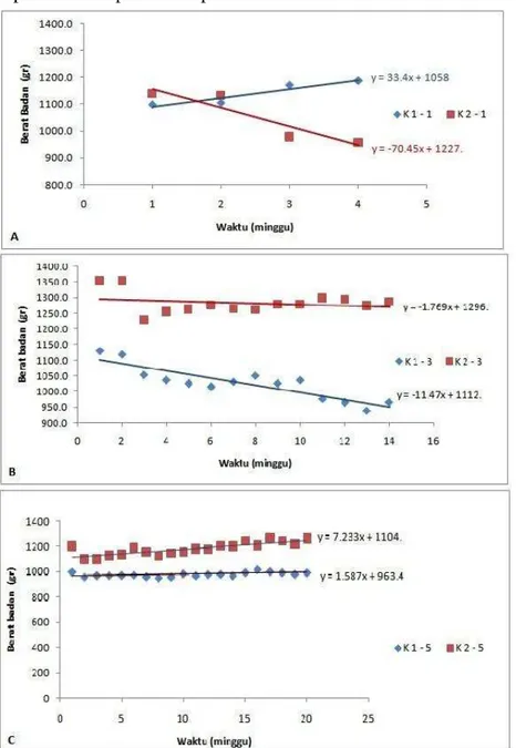 Gambar  4  Grafik  pertumbuhan  berat  badan  kelompok  perlakuan,  A.  K1-1=  Marmut dewasa kastrasi 1 bulan, K2-1=  Marmut tua kastrasi 1 bulan  B