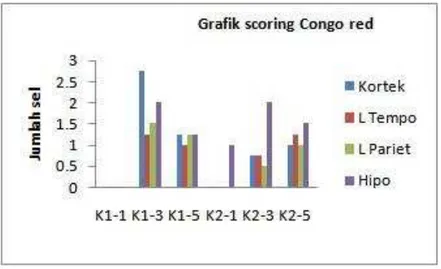 Gambar  14  Grafik  perhitungan  atau  scoring  congophilic  angiopathy  dan  jumlah  sel neuron yang bereaksi positif terhadap pewarnaan Congo red pada  masing-masing bagian otak dari dua kelompok perlakuan