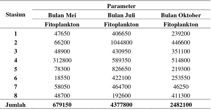 Tabel 5  Kelimpahan rata-rata fitoplankton setiap bulan di setiap stasiun pengamatan (individu/m3) 