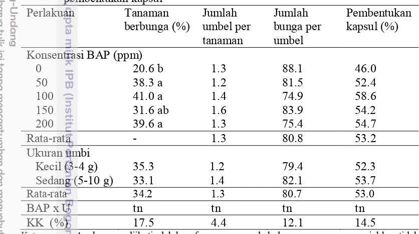 Tabel 2 Pengaruh BAP dan ukuran umbi terhadap persentase tanaman berbunga, 