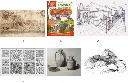 Gambar 5. Beberapa contoh gambar menurut tujuan pembuatannya. (a) gambar sketsa, (b) gambar ilustrasi, (c) gambat teknik, (d) gambar ornamen, (e) gambar bentuk, (f) gambar ekspresi