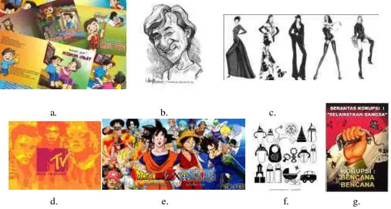 Gambar 6. Jenis-jenis ilustrasi. (a) Ilustrasi buku cerita, (b) karikatur, (c) Ilustrasi busana, (d) Ilustrasi televisi, (e) animasi, (f) clip art, (g) poster