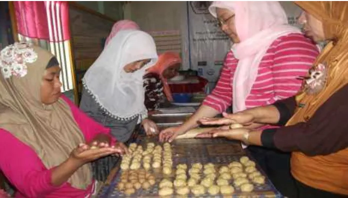 Gambar 2.  Sebagian kegiaan pelatihan dan pendampingan kelompok perempuan dalam pembuatan         produk pangan (kue pia) berbahan dasar buah mangrove 
