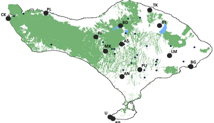 Fig. 1. Map of Bali with monkey forest distribution. Populations marked in black represent those temple sites in which surveys wereperformed.