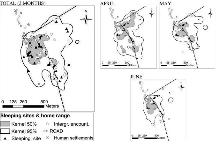 Fig. 4. Proximity to human settlements: observed and expectedfrequencies of nights spent by the macaques in different buffer‐zones delimited by the distance to human roads and settlements.Adjusted residuals were signiﬁcant when their absolute valueexceeded
