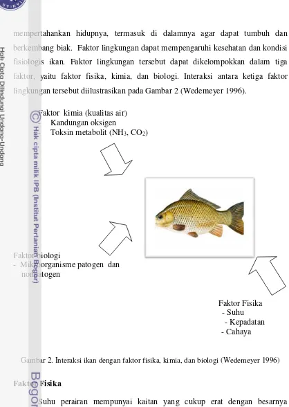 Gambar 2. Interaksi ikan dengan faktor fisika, kimia, dan biologi (Wedemeyer 1996) 