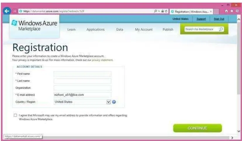 Gambar II.13 Form registrasi Windows Azure Marketplace 